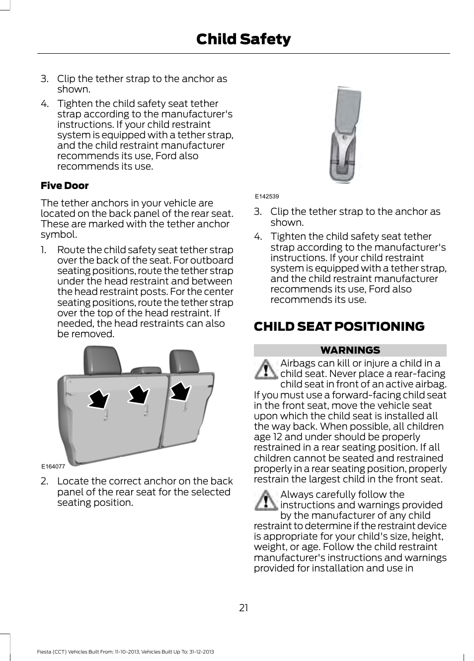 Child seat positioning, Child safety | FORD 2014 Fiesta v.3 User Manual | Page 24 / 400