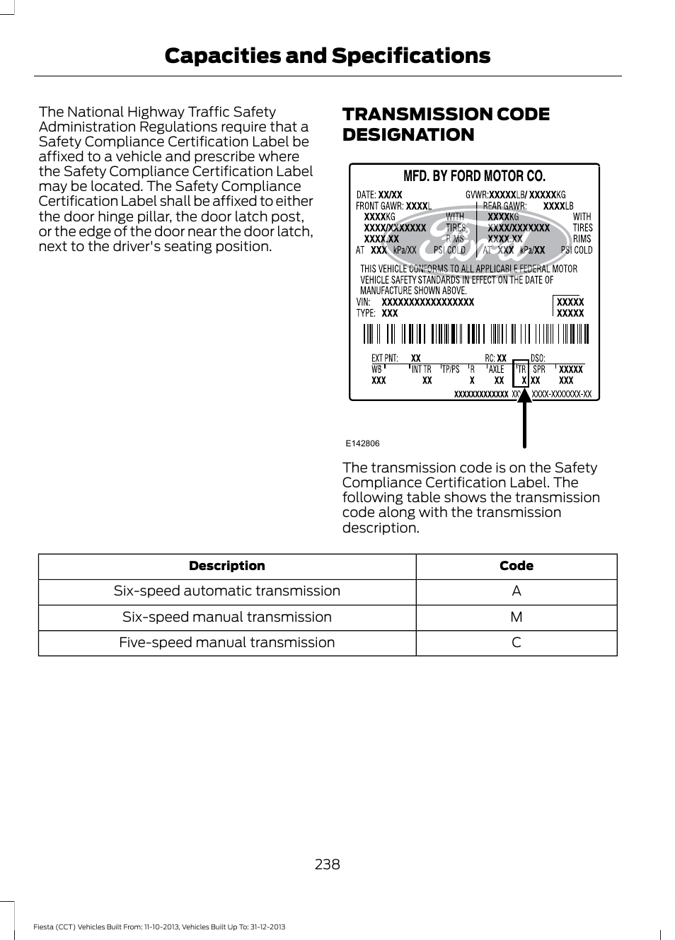 Transmission code designation, Capacities and specifications | FORD 2014 Fiesta v.3 User Manual | Page 241 / 400