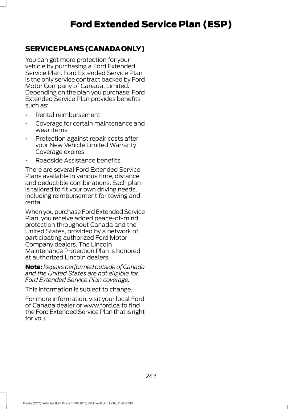 Ford extended service plan (esp) | FORD 2014 Fiesta v.3 User Manual | Page 246 / 400