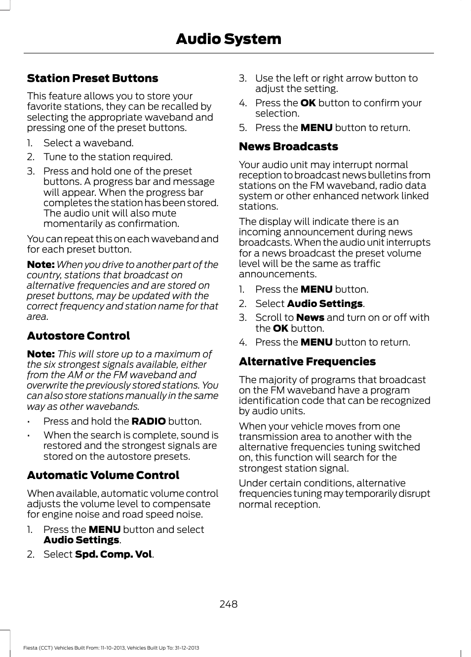 Audio system | FORD 2014 Fiesta v.3 User Manual | Page 251 / 400
