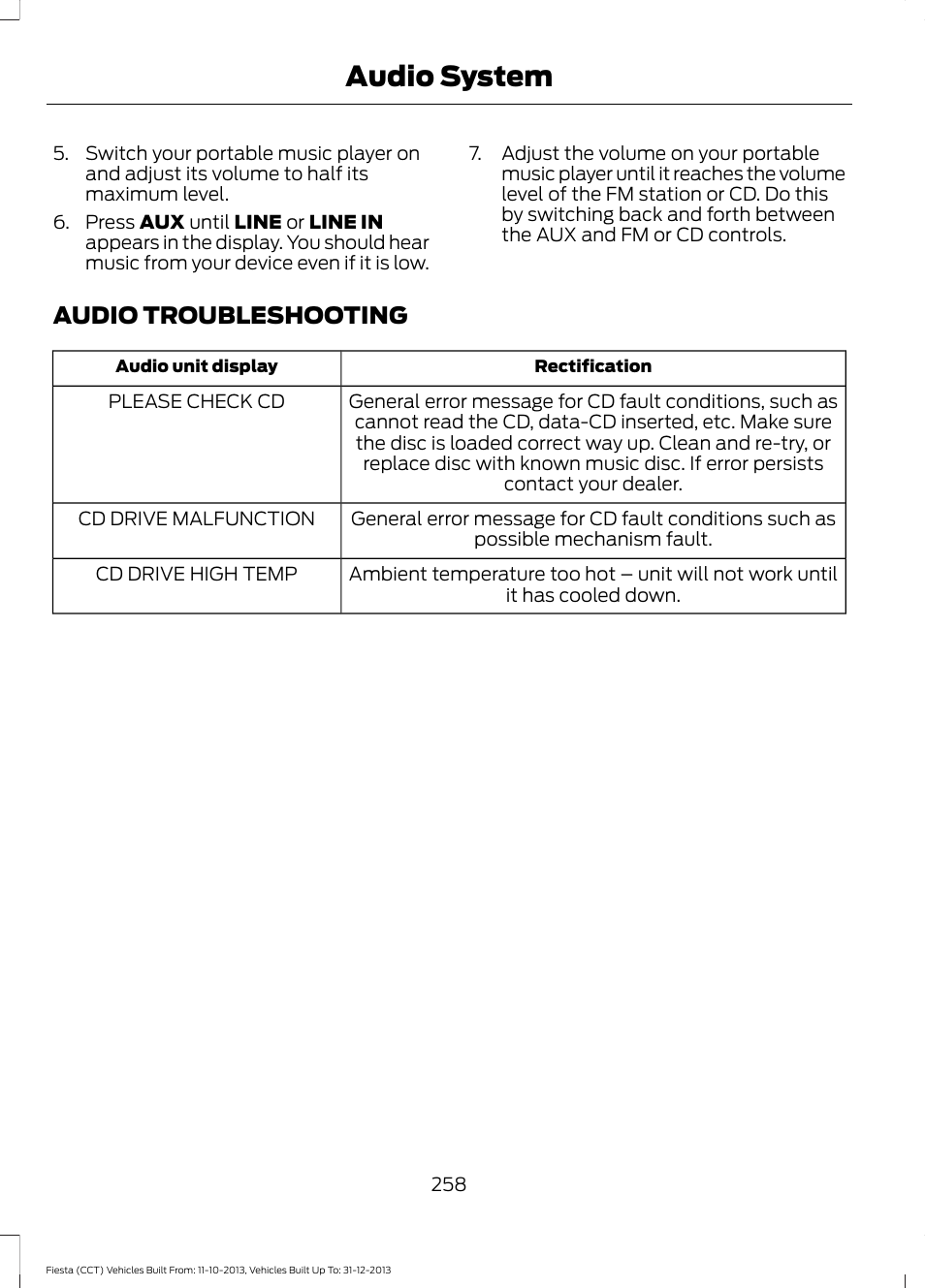 Audio troubleshooting, Audio system | FORD 2014 Fiesta v.3 User Manual | Page 261 / 400