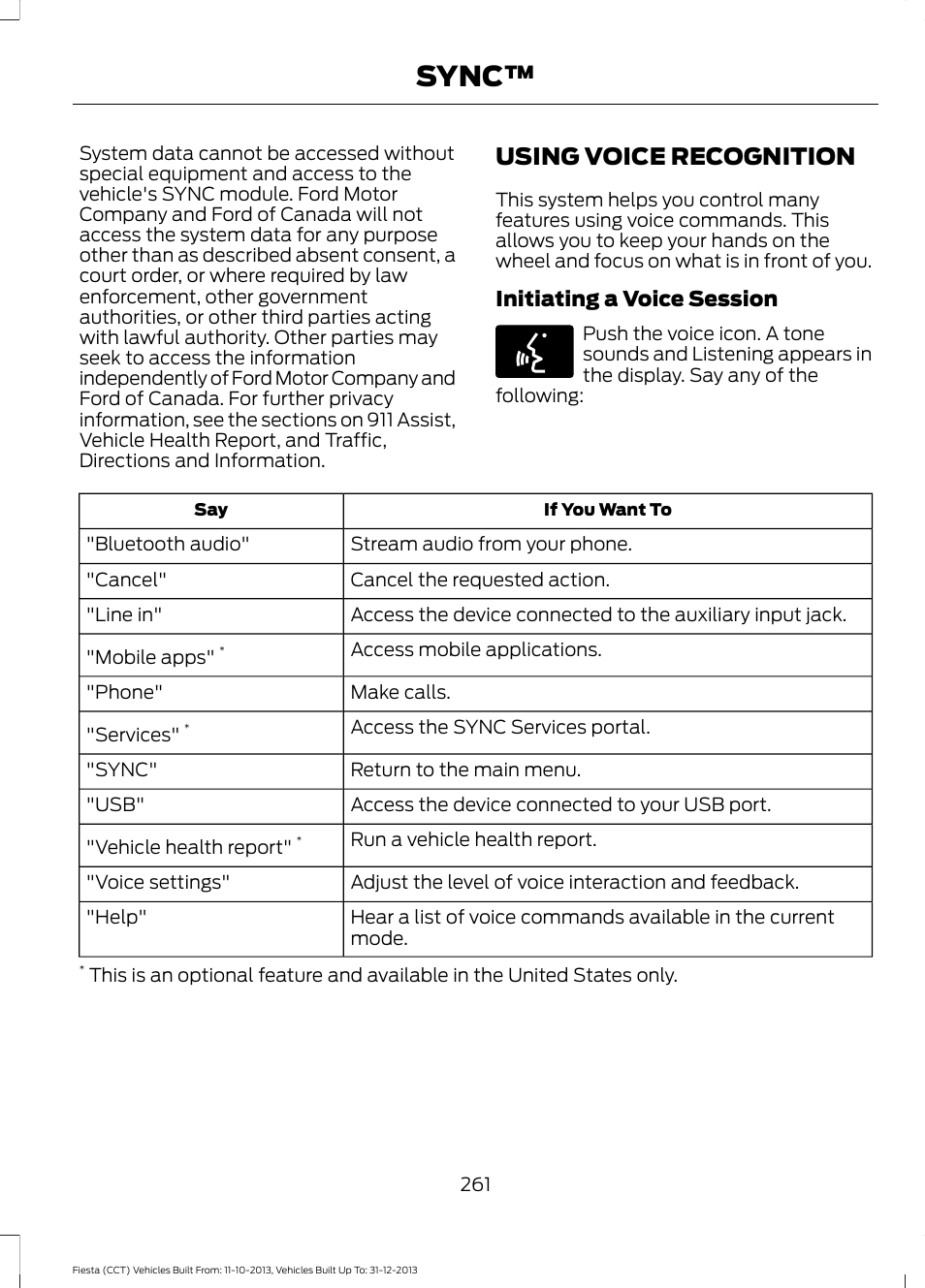 Using voice recognition, Sync | FORD 2014 Fiesta v.3 User Manual | Page 264 / 400