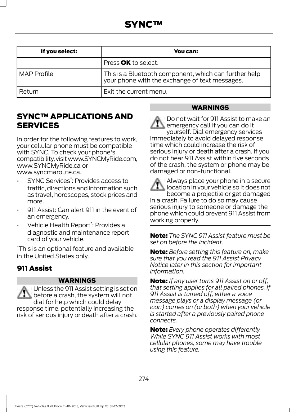 Sync™ applications and services, Sync | FORD 2014 Fiesta v.3 User Manual | Page 277 / 400