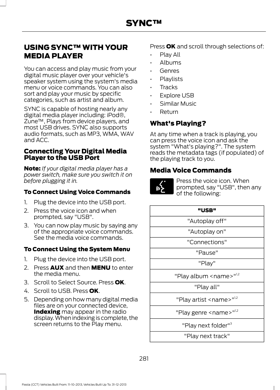 Using sync™ with your media player, Using sync™ with your media, Player | Sync | FORD 2014 Fiesta v.3 User Manual | Page 284 / 400