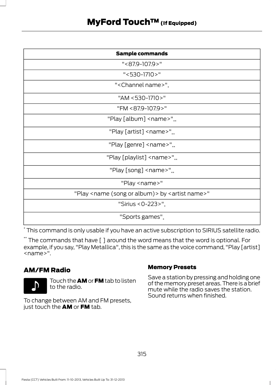 Myford touch, Am/fm radio | FORD 2014 Fiesta v.3 User Manual | Page 318 / 400
