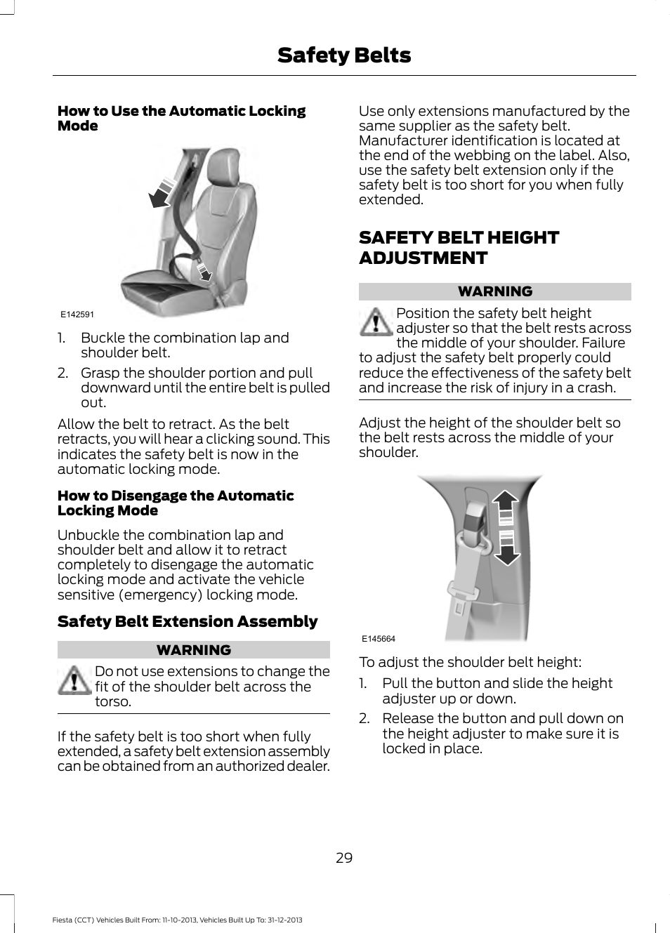 Safety belt height adjustment, Safety belts | FORD 2014 Fiesta v.3 User Manual | Page 32 / 400