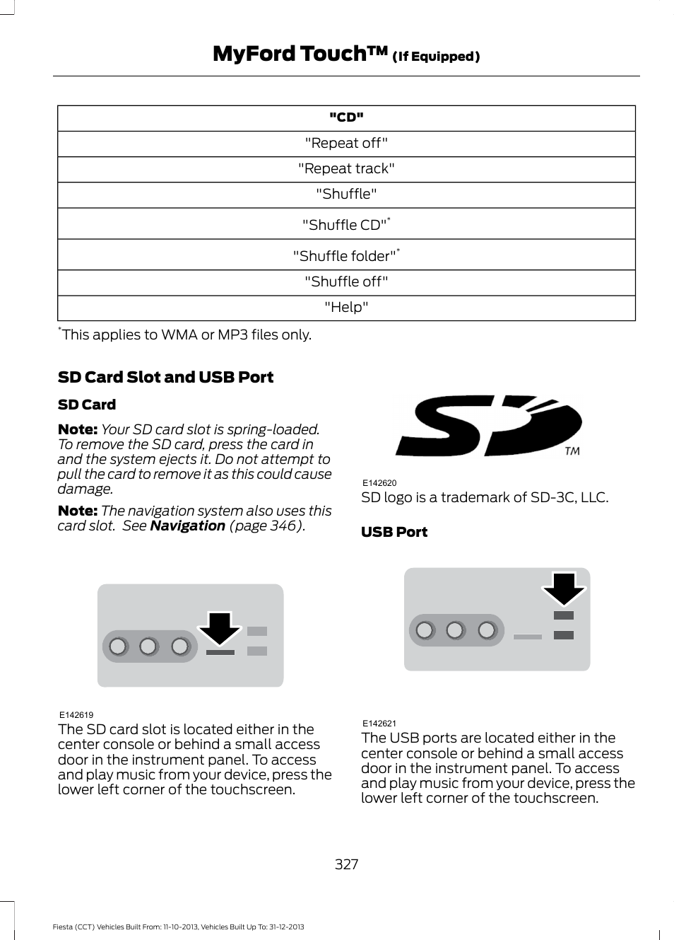 Myford touch, Sd card slot and usb port | FORD 2014 Fiesta v.3 User Manual | Page 330 / 400
