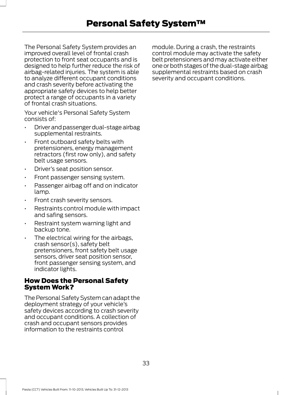 Personal safety system | FORD 2014 Fiesta v.3 User Manual | Page 36 / 400