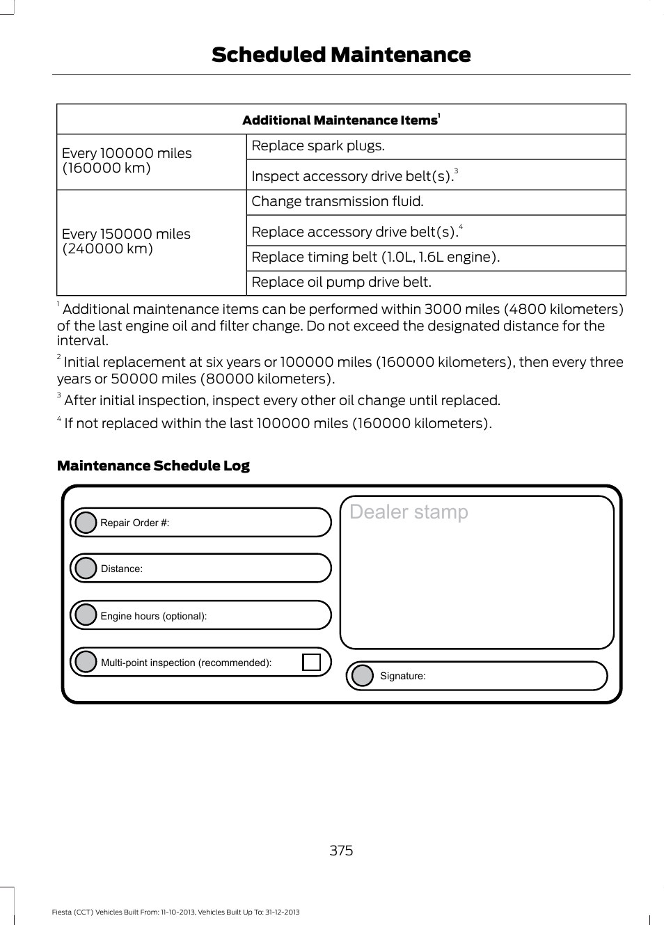 Dealer stamp, Scheduled maintenance | FORD 2014 Fiesta v.3 User Manual | Page 378 / 400