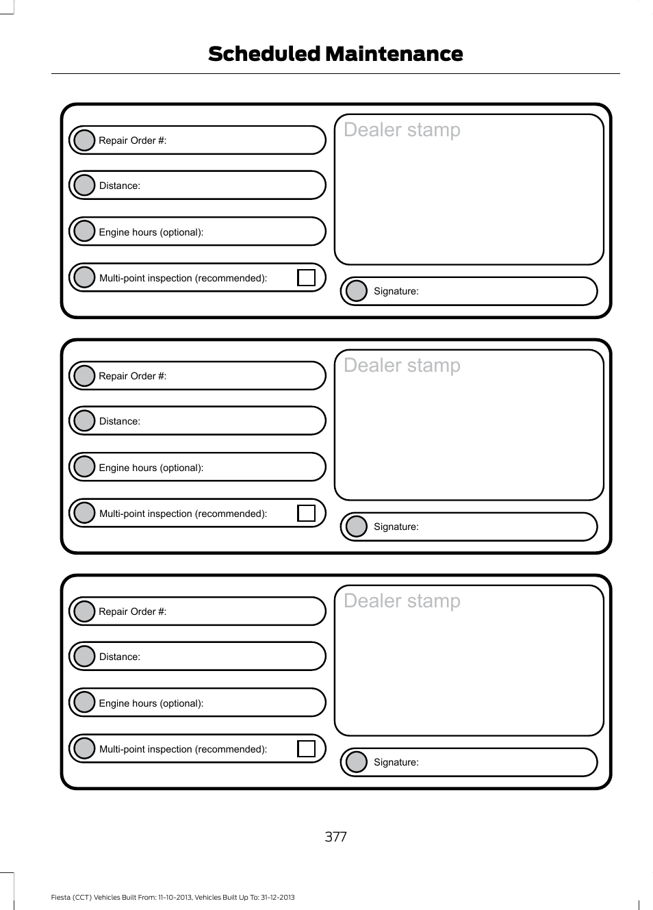 Dealer stamp, Scheduled maintenance | FORD 2014 Fiesta v.3 User Manual | Page 380 / 400