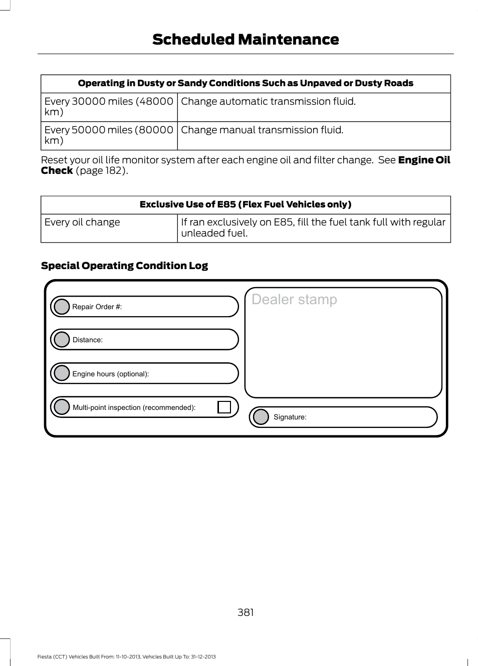 Dealer stamp, Scheduled maintenance | FORD 2014 Fiesta v.3 User Manual | Page 384 / 400