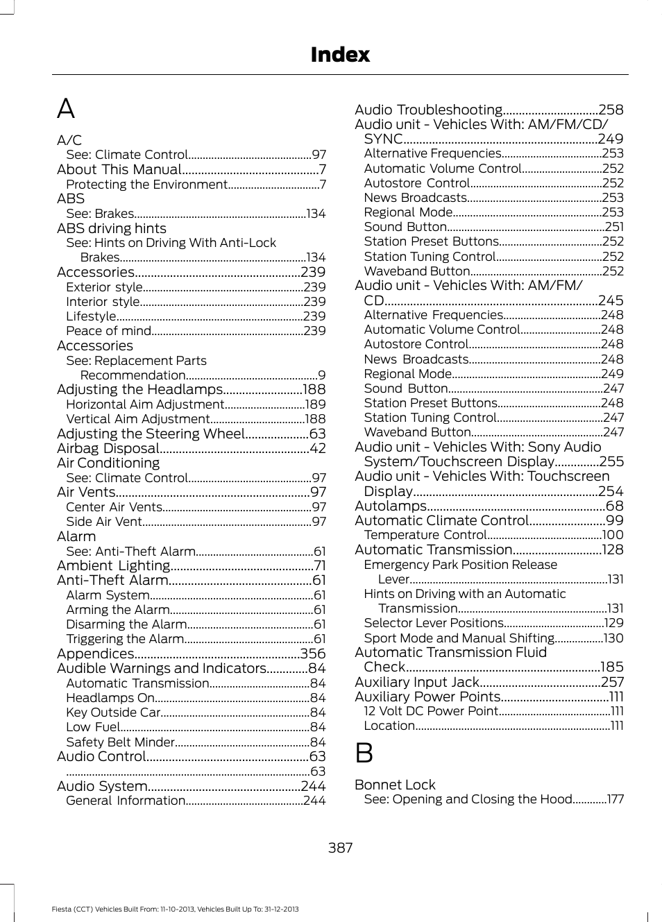 Index | FORD 2014 Fiesta v.3 User Manual | Page 390 / 400