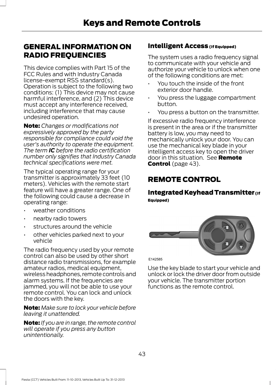 Keys and remote controls, General information on radio frequencies, Remote control | General information on radio, Frequencies | FORD 2014 Fiesta v.3 User Manual | Page 46 / 400