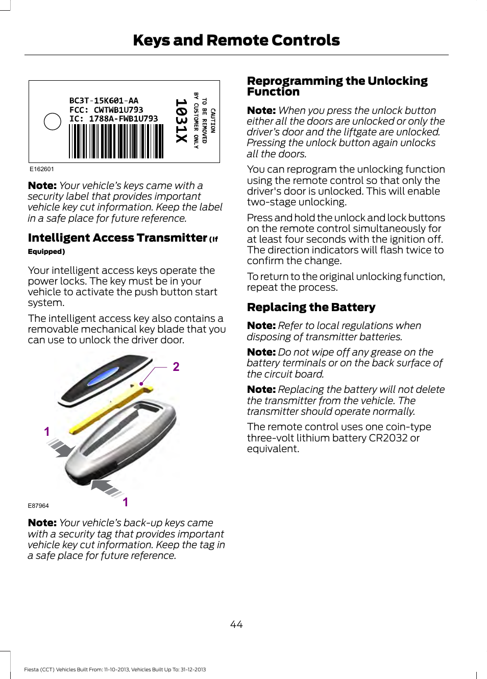 Keys and remote controls | FORD 2014 Fiesta v.3 User Manual | Page 47 / 400