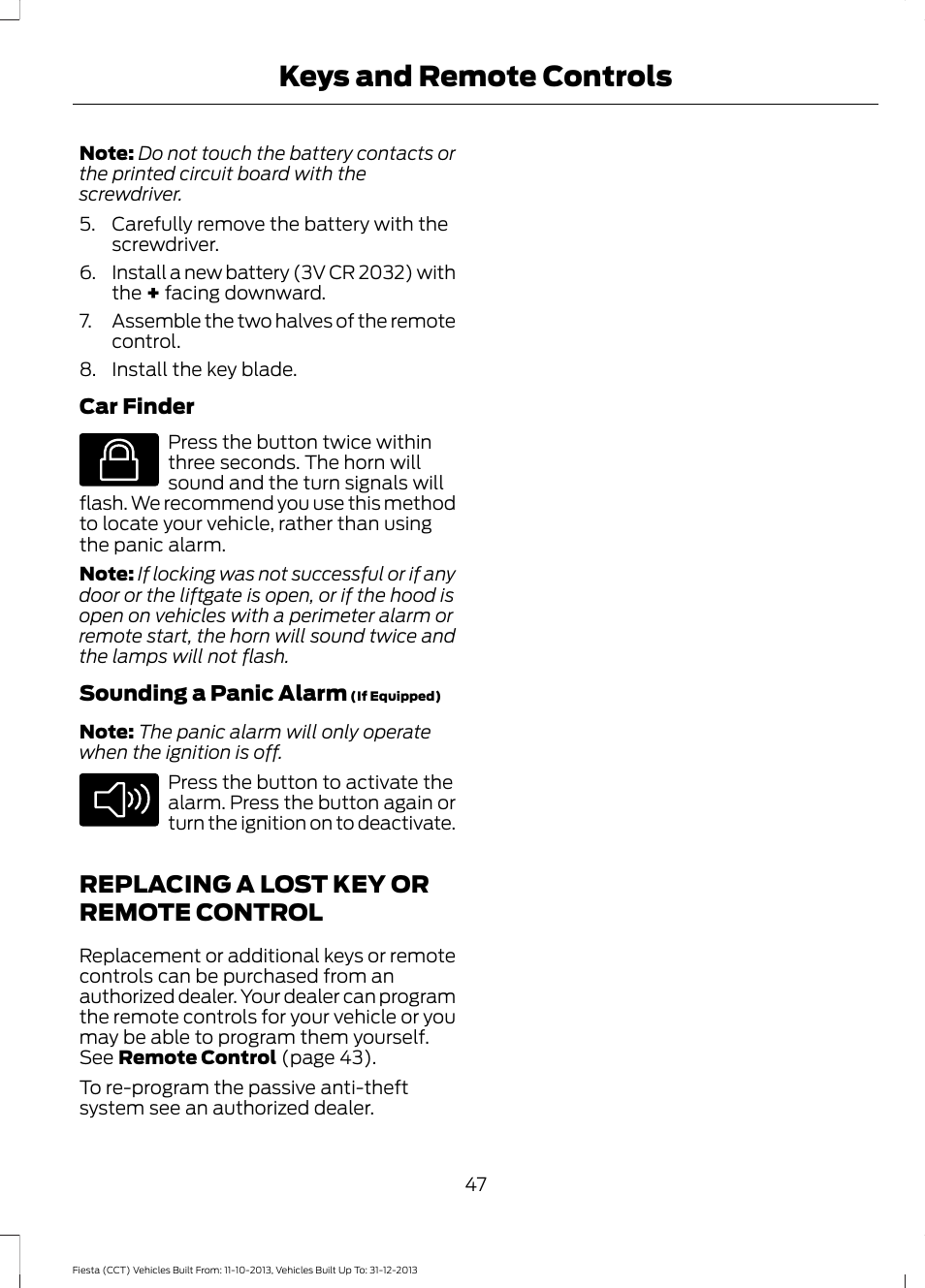 Replacing a lost key or remote control, Replacing a lost key or remote, Control | Keys and remote controls | FORD 2014 Fiesta v.3 User Manual | Page 50 / 400