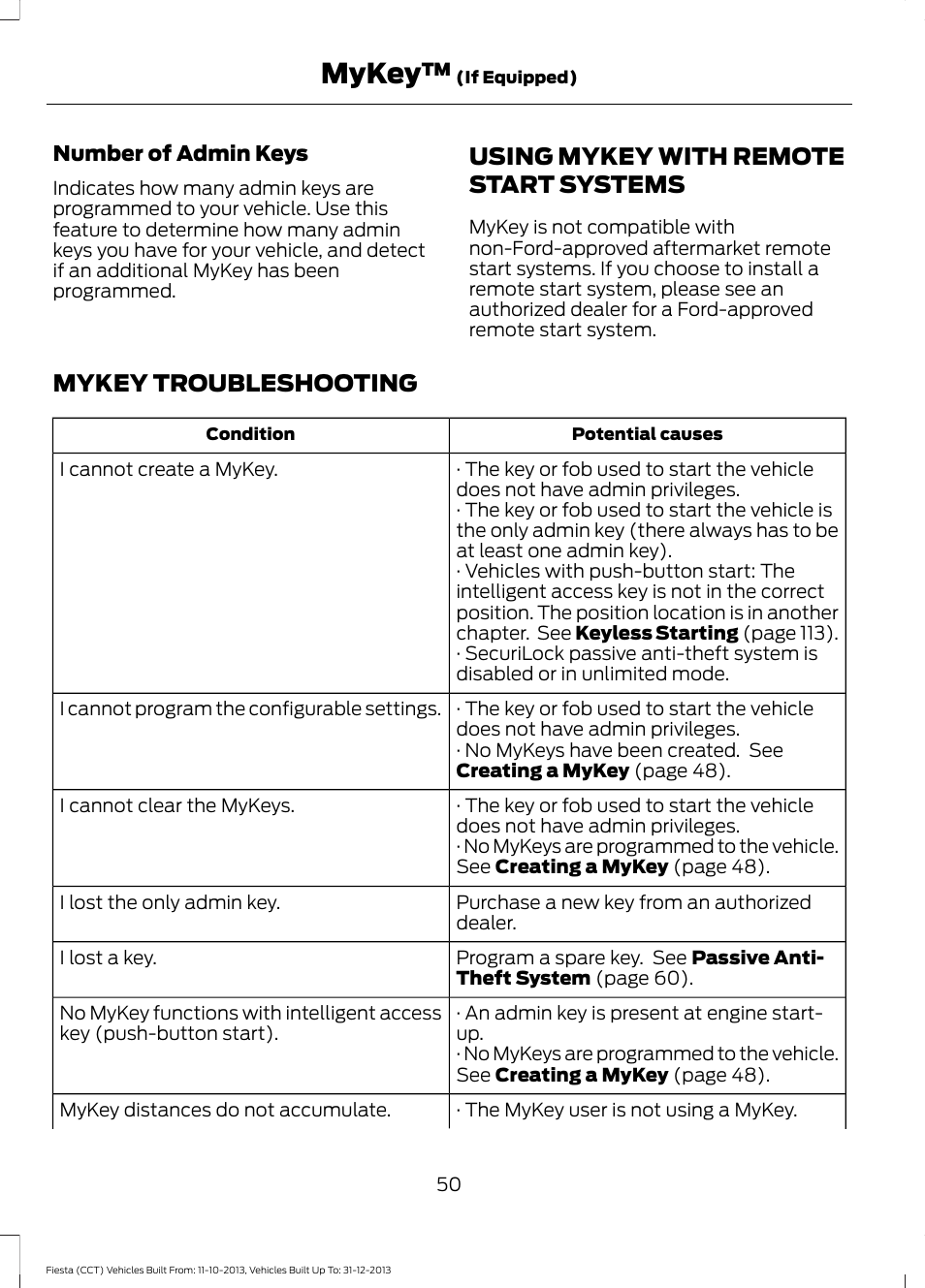 Using mykey with remote start systems, Mykey troubleshooting, Using mykey with remote start | Systems, Mykey | FORD 2014 Fiesta v.3 User Manual | Page 53 / 400