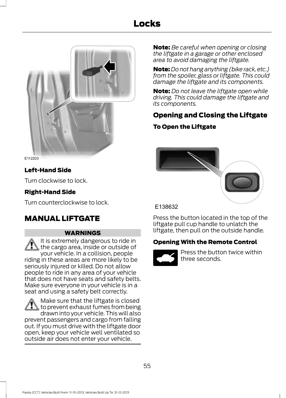 Manual liftgate, Locks | FORD 2014 Fiesta v.3 User Manual | Page 58 / 400