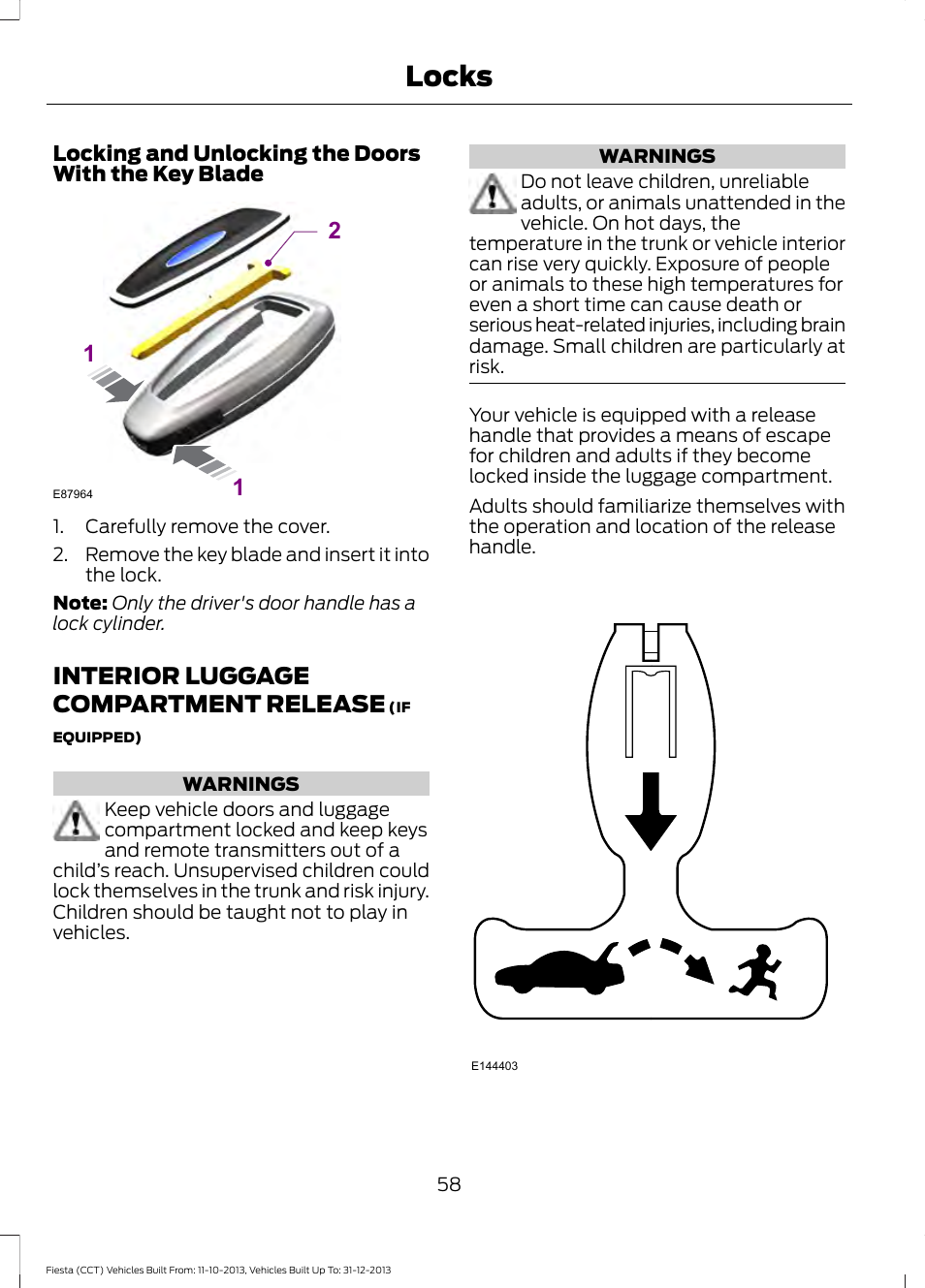 Interior luggage compartment release, Interior luggage compartment, Release | Locks | FORD 2014 Fiesta v.3 User Manual | Page 61 / 400