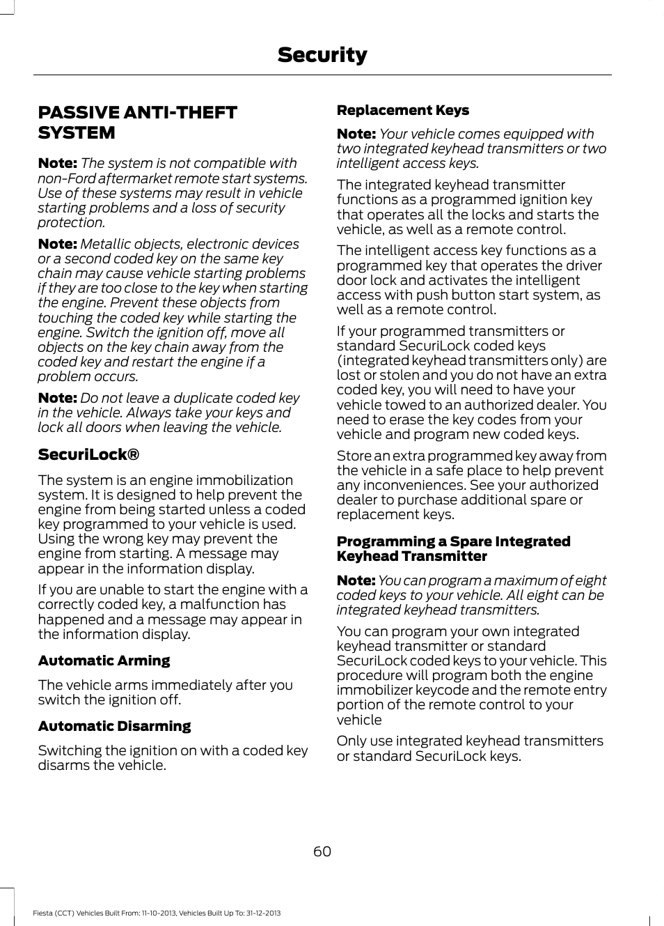 Security, Passive anti-theft system | FORD 2014 Fiesta v.3 User Manual | Page 63 / 400