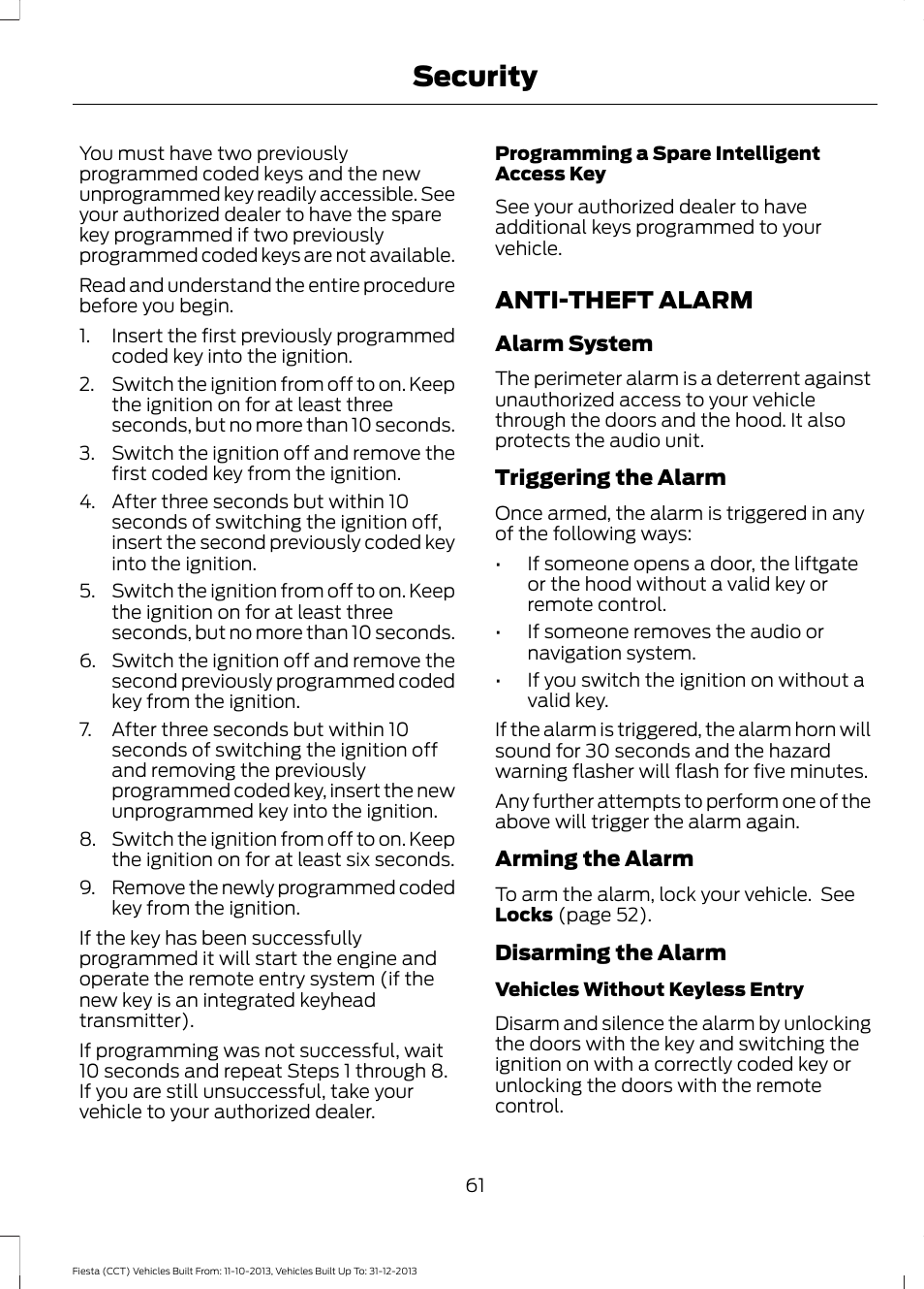 Anti-theft alarm, Security | FORD 2014 Fiesta v.3 User Manual | Page 64 / 400