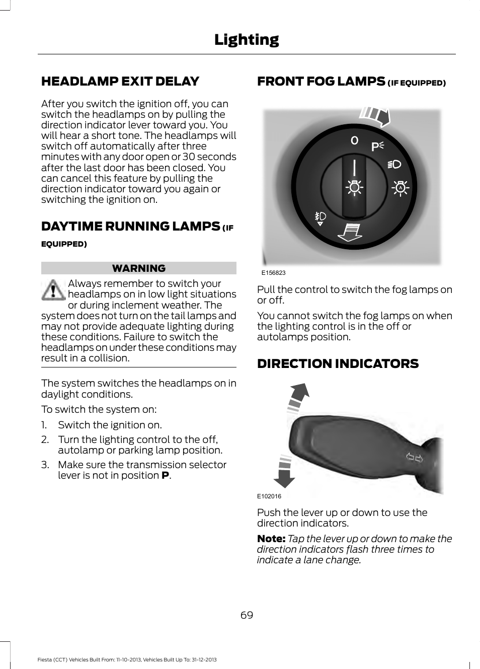 Headlamp exit delay, Daytime running lamps, Front fog lamps | Direction indicators, Lighting | FORD 2014 Fiesta v.3 User Manual | Page 72 / 400