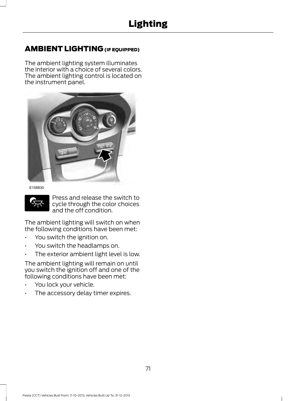 Ambient lighting, Lighting | FORD 2014 Fiesta v.3 User Manual | Page 74 / 400