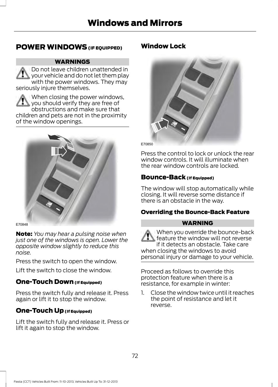 Windows and mirrors, Power windows | FORD 2014 Fiesta v.3 User Manual | Page 75 / 400