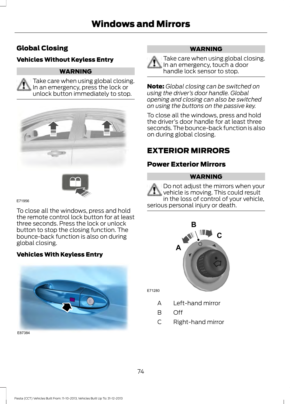 Exterior mirrors, Windows and mirrors, Bc a | FORD 2014 Fiesta v.3 User Manual | Page 77 / 400