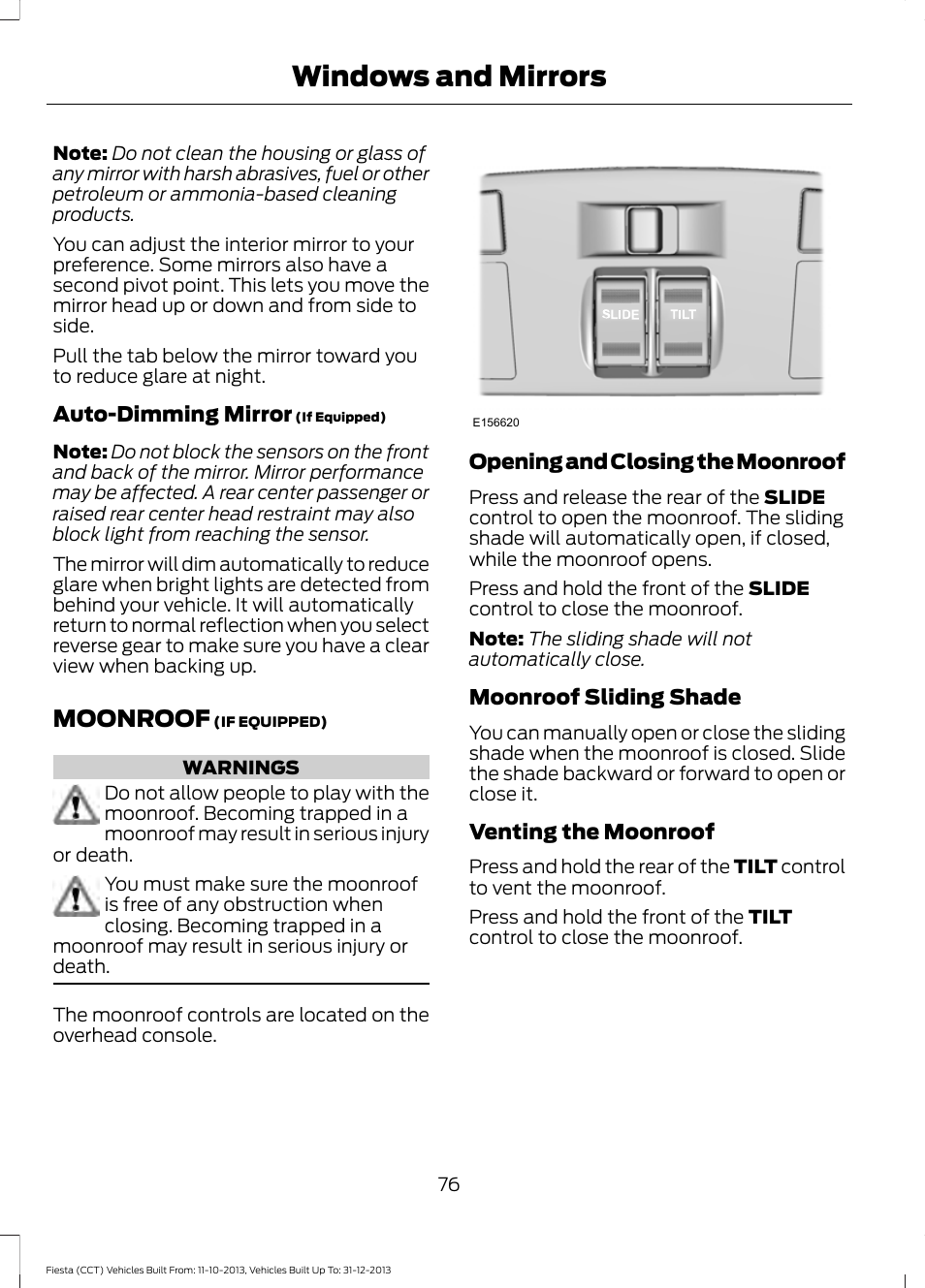 Moonroof, Windows and mirrors | FORD 2014 Fiesta v.3 User Manual | Page 79 / 400