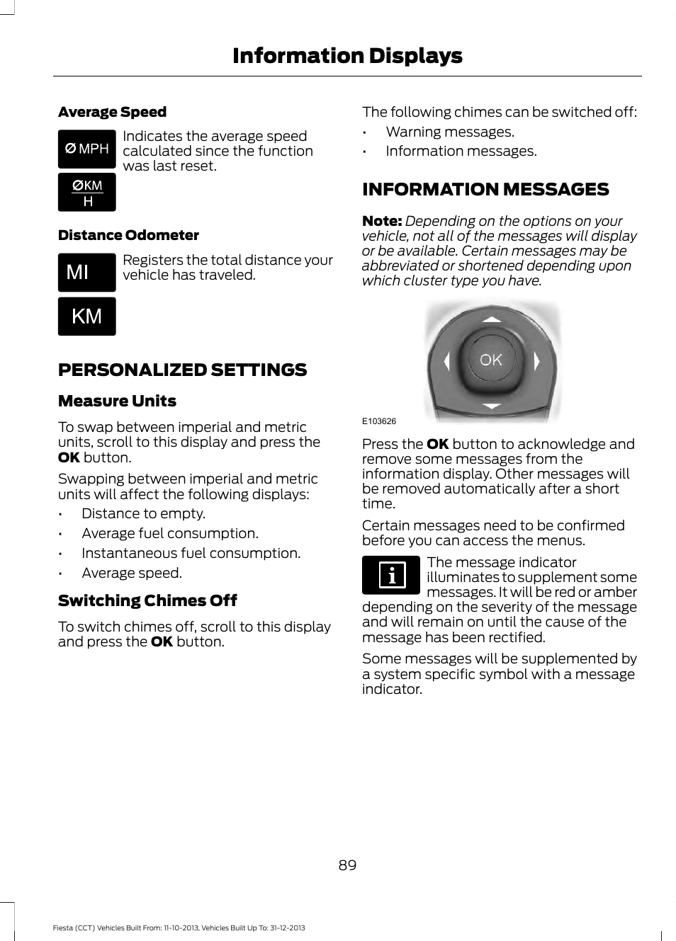 Personalized settings, Information messages, Personalized settings information messages | Information displays | FORD 2014 Fiesta v.3 User Manual | Page 92 / 400