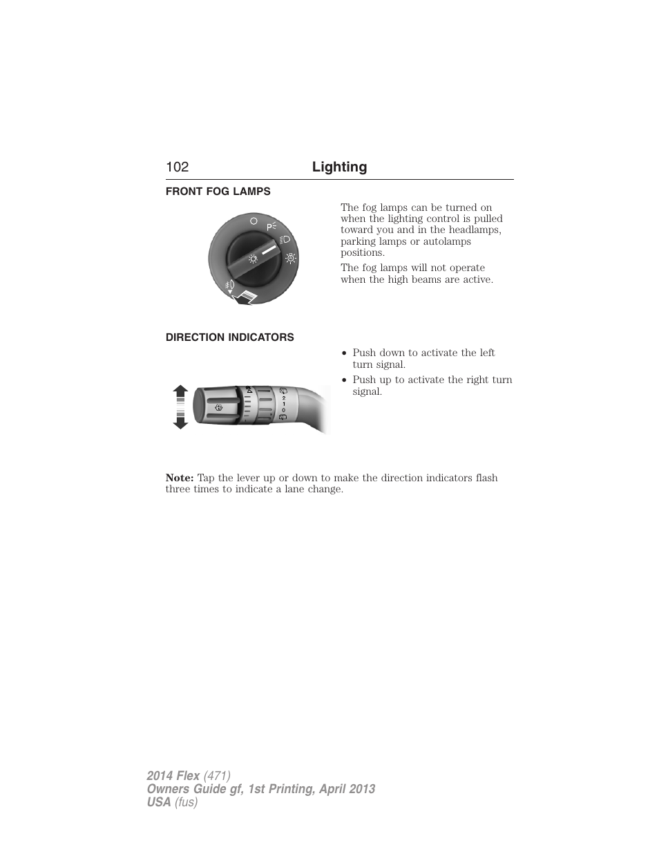 Front fog lamps, Direction indicators, Turn signal control | 102 lighting | FORD 2014 Flex v.1 User Manual | Page 103 / 554