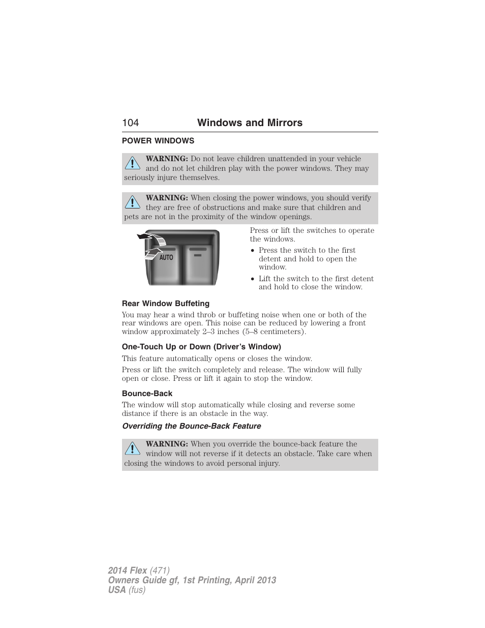 Windows and mirrors, Power windows, Rear window buffeting | One-touch up or down (driver’s window), Bounce-back, Overriding the bounce-back feature, 104 windows and mirrors | FORD 2014 Flex v.1 User Manual | Page 105 / 554