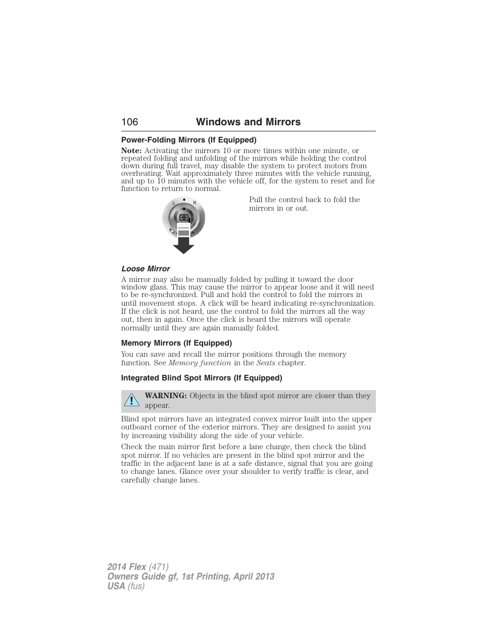 Power-folding mirrors (if equipped), Loose mirror, Memory mirrors (if equipped) | Integrated blind spot mirrors (if equipped), 106 windows and mirrors | FORD 2014 Flex v.1 User Manual | Page 107 / 554