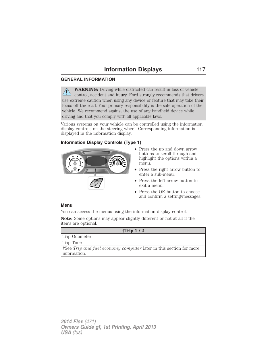 Information displays, General information, Information display controls (type 1) | Menu, Controls, Information displays 117 | FORD 2014 Flex v.1 User Manual | Page 118 / 554