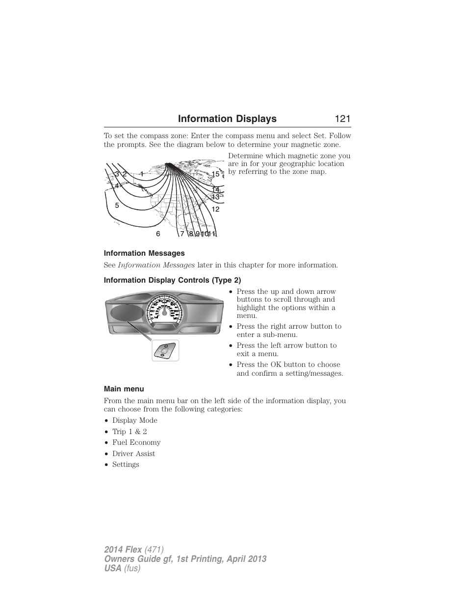 Information messages, Information display controls (type 2), Main menu | Information displays 121 | FORD 2014 Flex v.1 User Manual | Page 122 / 554