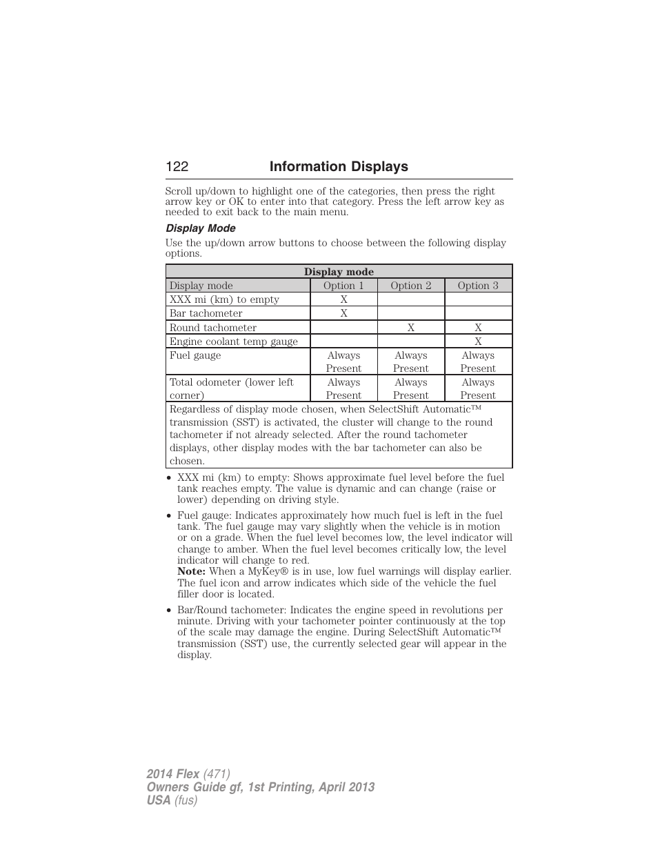 Display mode, 122 information displays | FORD 2014 Flex v.1 User Manual | Page 123 / 554