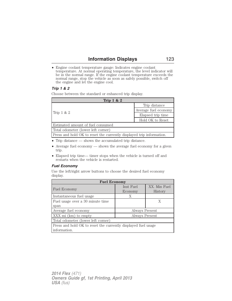 Trip 1 & 2, Fuel economy, Information displays 123 | FORD 2014 Flex v.1 User Manual | Page 124 / 554