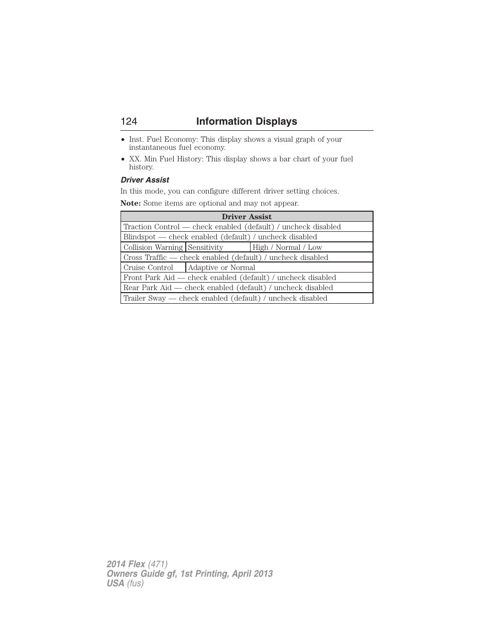 Driver assist, 124 information displays | FORD 2014 Flex v.1 User Manual | Page 125 / 554