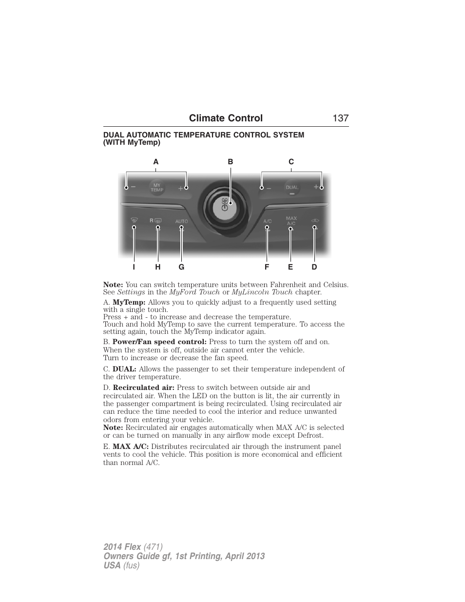 Dual automatic temperature control, Climate control 137 | FORD 2014 Flex v.1 User Manual | Page 138 / 554