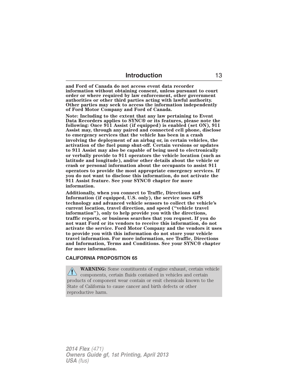 California proposition 65, Introduction 13 | FORD 2014 Flex v.1 User Manual | Page 14 / 554