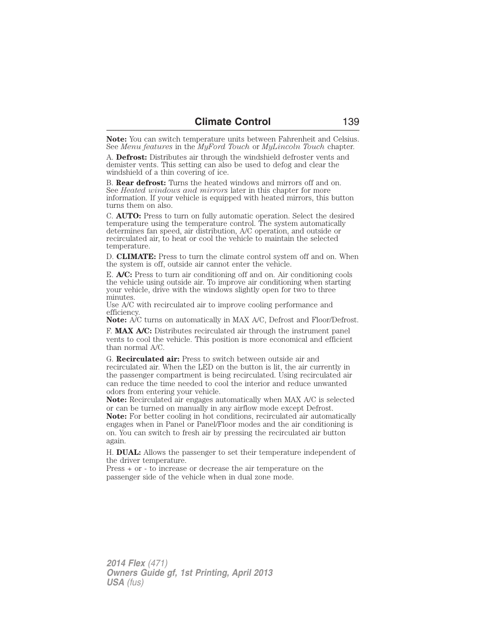 Climate control 139 | FORD 2014 Flex v.1 User Manual | Page 140 / 554