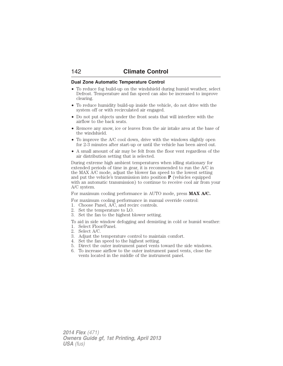 Dual zone automatic temperature control, 142 climate control | FORD 2014 Flex v.1 User Manual | Page 143 / 554