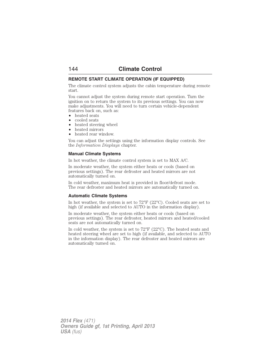 Remote start climate operation (if equipped), Manual climate systems, Automatic climate systems | 144 climate control | FORD 2014 Flex v.1 User Manual | Page 145 / 554