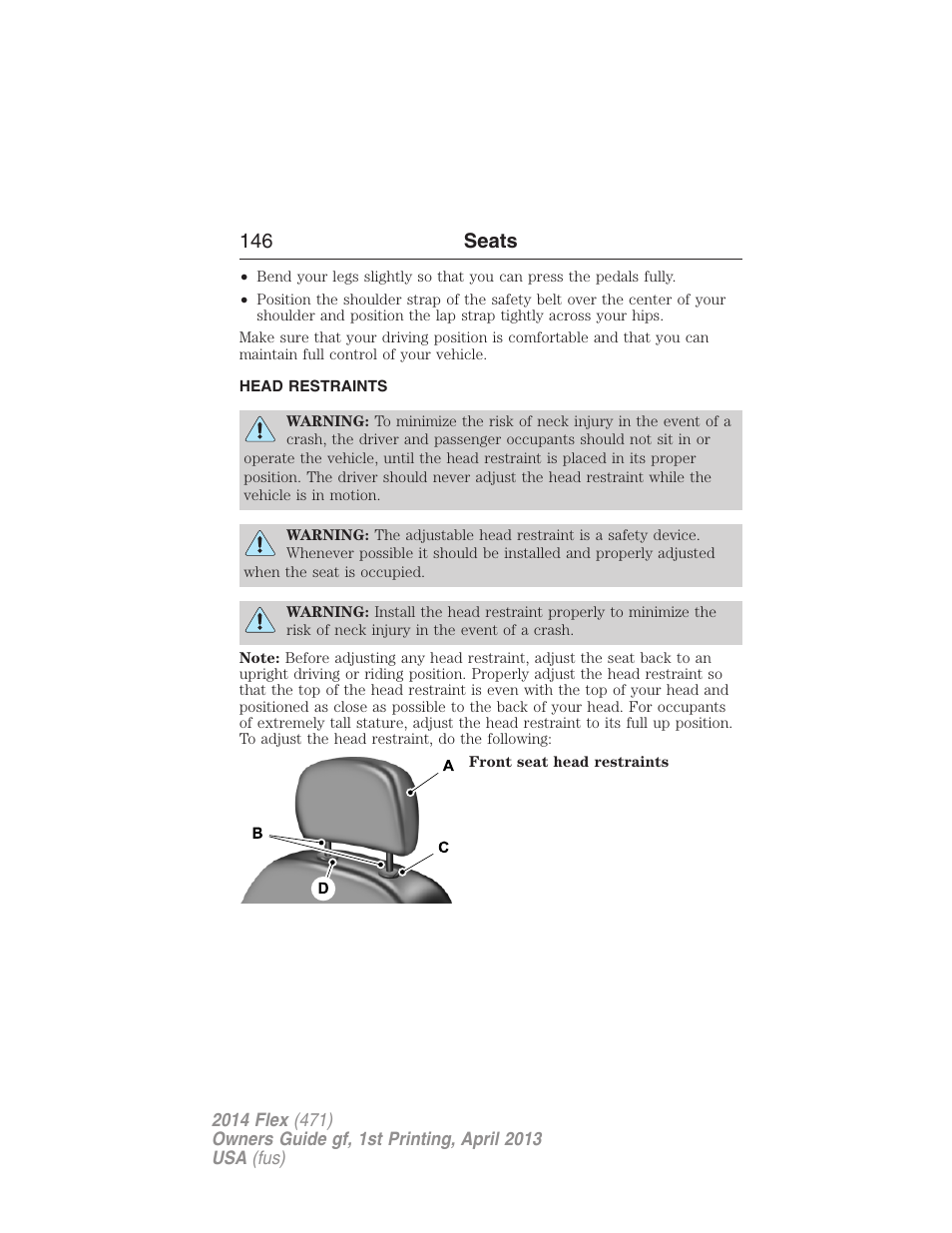 Head restraints, 146 seats | FORD 2014 Flex v.1 User Manual | Page 147 / 554