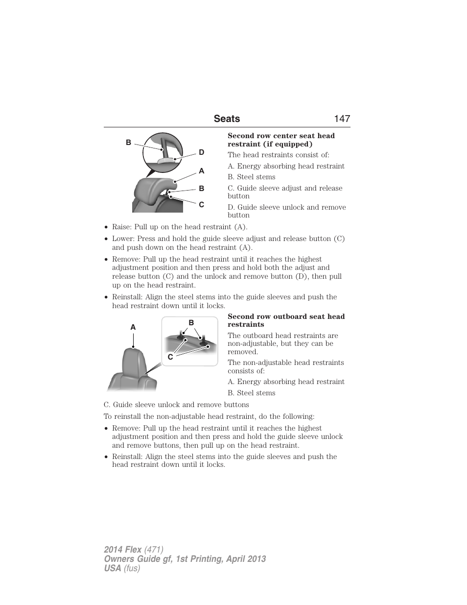 Seats 147 | FORD 2014 Flex v.1 User Manual | Page 148 / 554