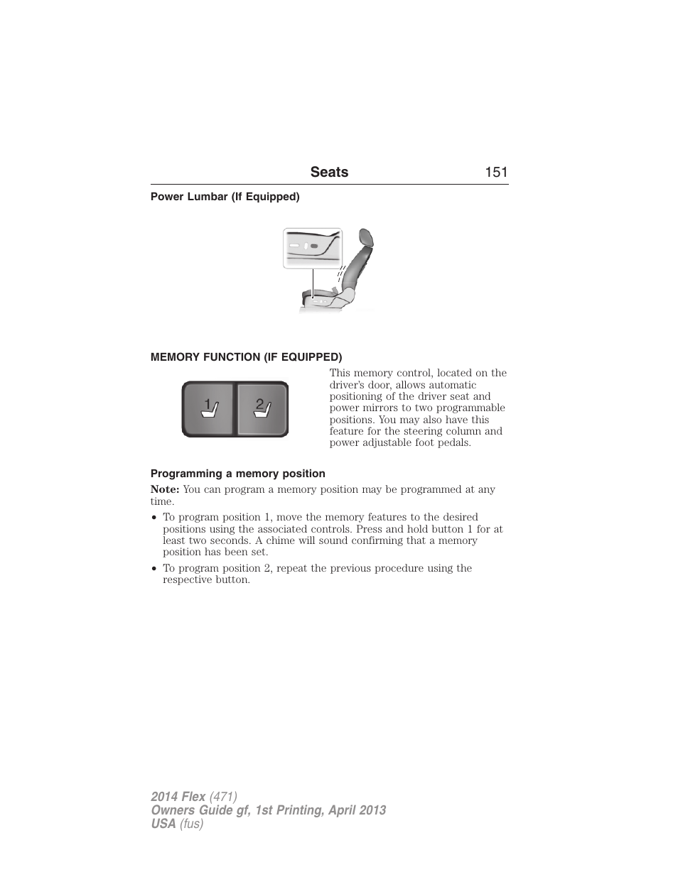 Power lumbar (if equipped), Memory function (if equipped), Programming a memory position | Memory function | FORD 2014 Flex v.1 User Manual | Page 152 / 554