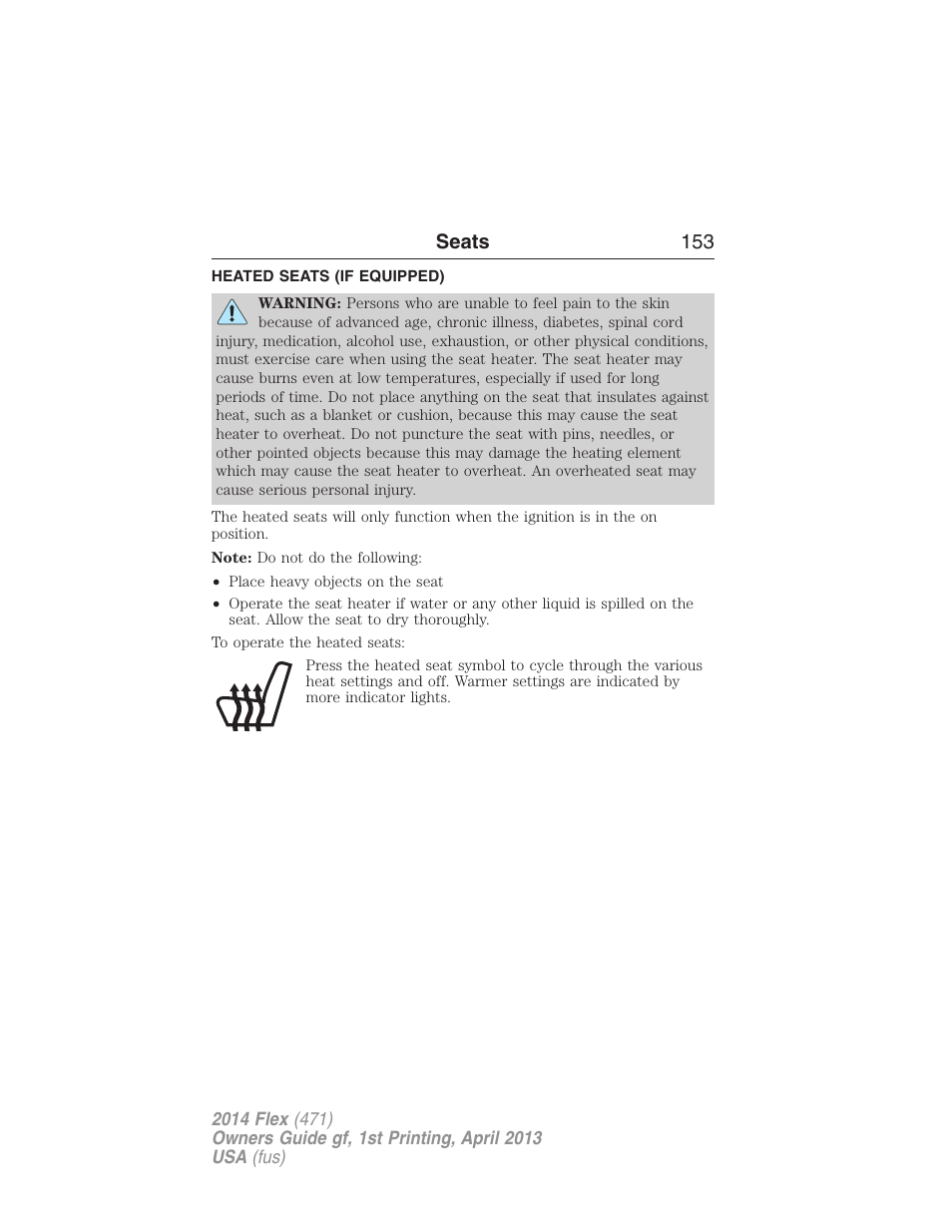 Heated seats (if equipped), Heated seats, Seats 153 | FORD 2014 Flex v.1 User Manual | Page 154 / 554