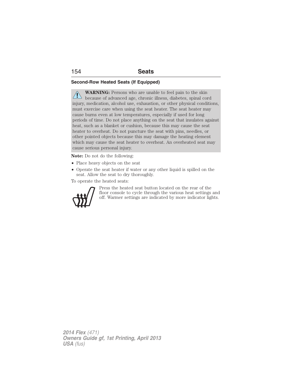 Second-row heated seats (if equipped), 154 seats | FORD 2014 Flex v.1 User Manual | Page 155 / 554