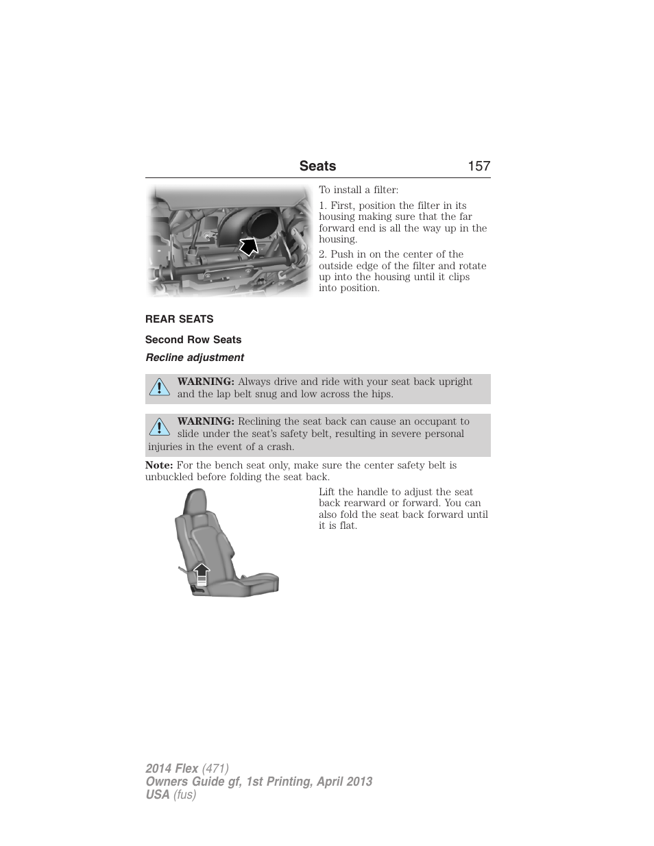 Rear seats, Second row seats, Recline adjustment | Seats 157 | FORD 2014 Flex v.1 User Manual | Page 158 / 554