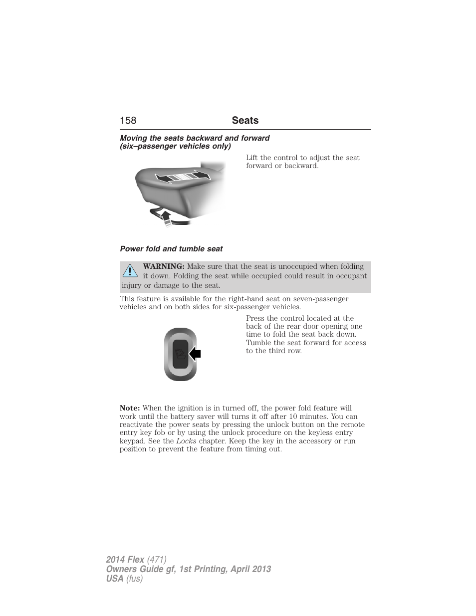 Power fold and tumble seat, 158 seats | FORD 2014 Flex v.1 User Manual | Page 159 / 554